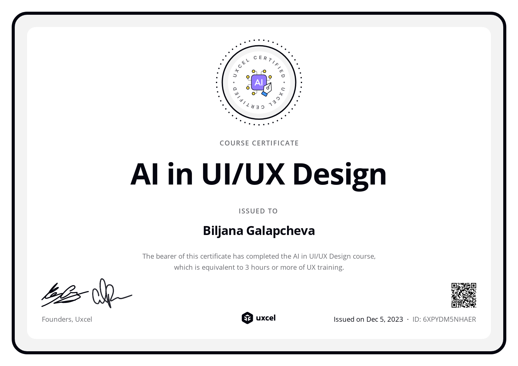 Biljana Galapcheva's certificate